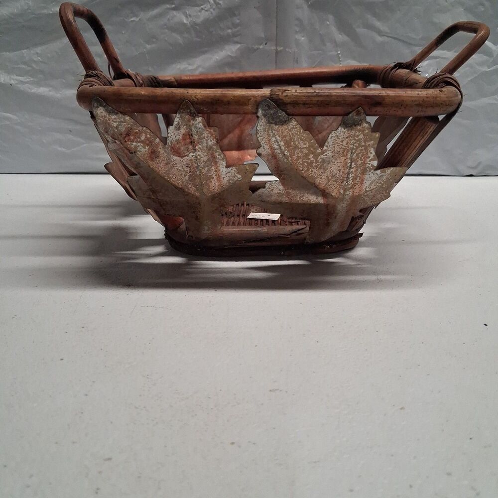 Fall Harvest Rattan Wicker Two Handle Basket Metal Maple Leaves 9” Square